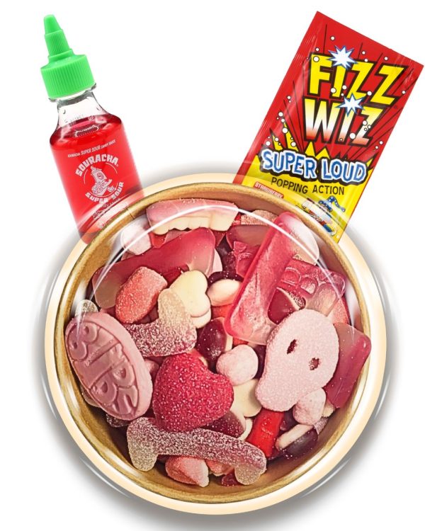 Pink Mix Candy Bowl With Searcher Candy Sauce And Popping Candy